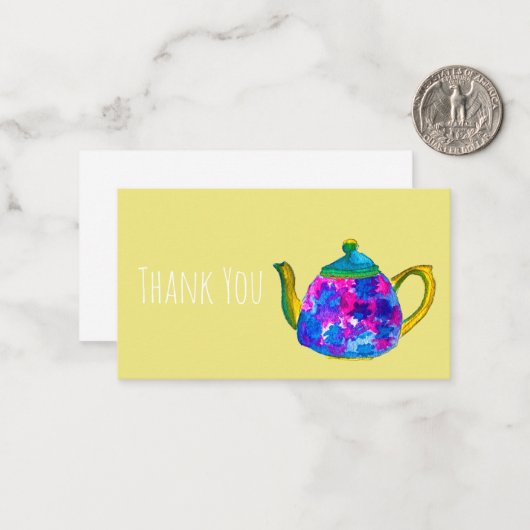 Whimsical waterverf teapot notitiekaartje (Voorkant / Achterkant in situ)