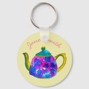 Whimsical waterverf teapot sleutelhanger
