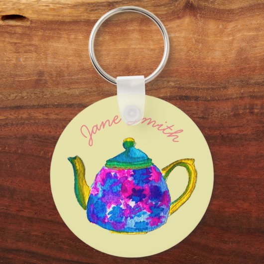 Whimsical waterverf teapot sleutelhanger (Voorkant)