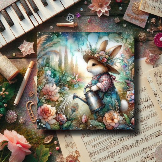 Whimsical Waterverf Tuinier KonijnenPasen Feestdagenkaart