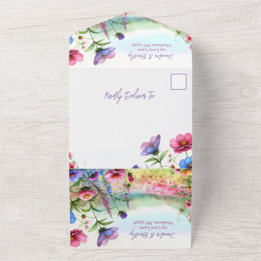 Whimsical Waterverf Vlinders en Bloemen Weddin All In One Uitnodiging (Buitenkant)