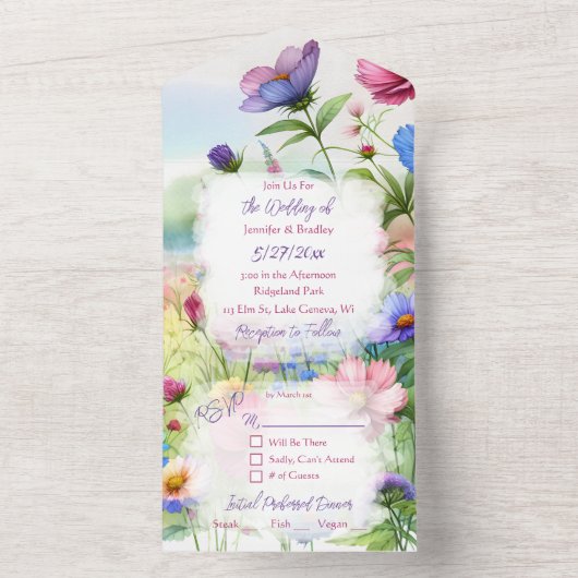 Whimsical Waterverf Vlinders en Bloemen Weddin All In One Uitnodiging (Binnen)