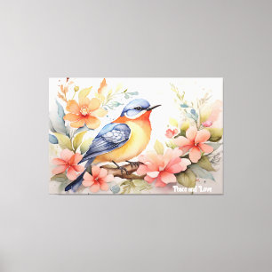 Whimsical Waterverf Vogel Bloemenkunst Canvas Afdruk