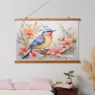 Whimsical Waterverf Vogel Bloemenkunst Hangend Wandkleed
