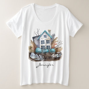 Whimsical Waterverf Vogels Nest Sprookjeshuis Grote Maat T-shirt