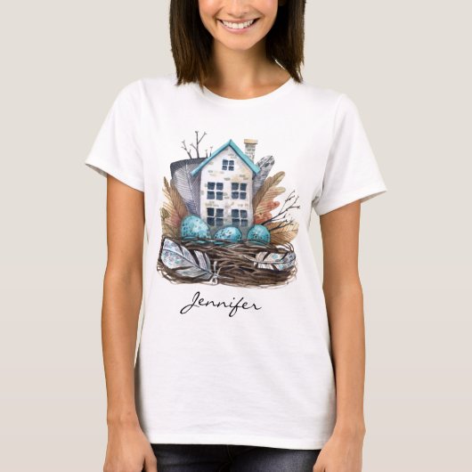 Whimsical Waterverf Vogels Nest Sprookjeshuis T-shirt (Voorkant)