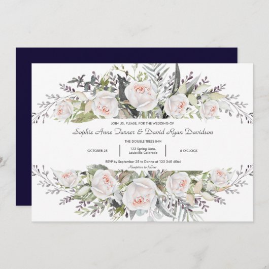 Whimsical Waterverf White Flowers Lijst Wedding Kaart (Voorkant / Achterkant)