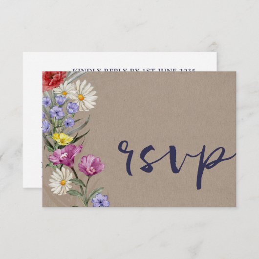 Whimsical Waterverf Wild Flower Kraft Wedding RSVP Kaartje (Voorkant / Achterkant)