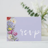 Whimsical Waterverf Wild Flower & Paars Wedding RSVP Kaartje (Staand voorkant)
