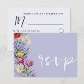 Whimsical Waterverf Wild Flower & Paars Wedding RSVP Kaartje (Voorkant / Achterkant)
