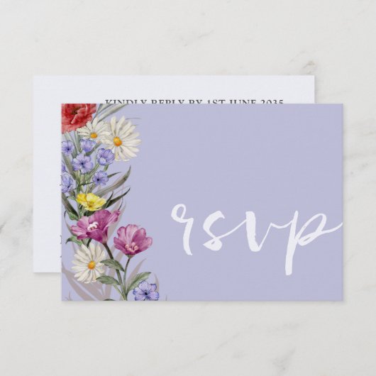 Whimsical Waterverf Wild Flower & Paars Wedding RSVP Kaartje (Voorkant / Achterkant)