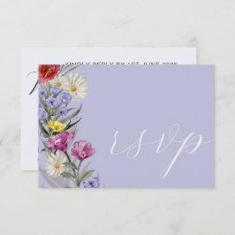 Whimsical Waterverf Wild Flower & Paars Wedding RSVP Kaartje