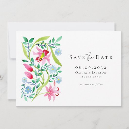 Whimsical Waterverf Wildflowers Script Wedding Save The Date (Voorkant)
