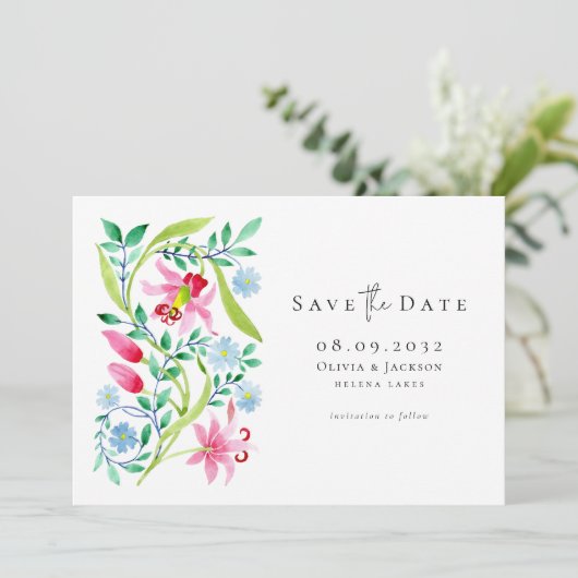 Whimsical Waterverf Wildflowers Script Wedding Save The Date (Staand voorkant)