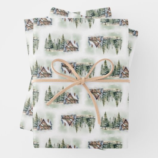 Whimsical waterverf winterbos en huisje inpakpapier vel (In situ)