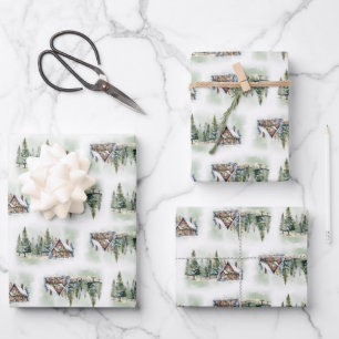 Whimsical waterverf winterbos en huisje inpakpapier vel