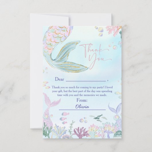 Whimsical Waterverf Zeemeermin Verjaardagsfeest Bedankkaart (Voorkant)