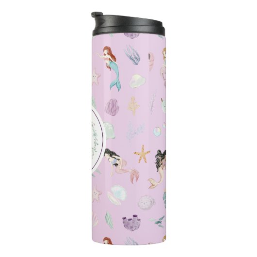 Whimsical Waterverf Zeemeerminnen Monogram Thermosbeker (Geroteerd rechts)