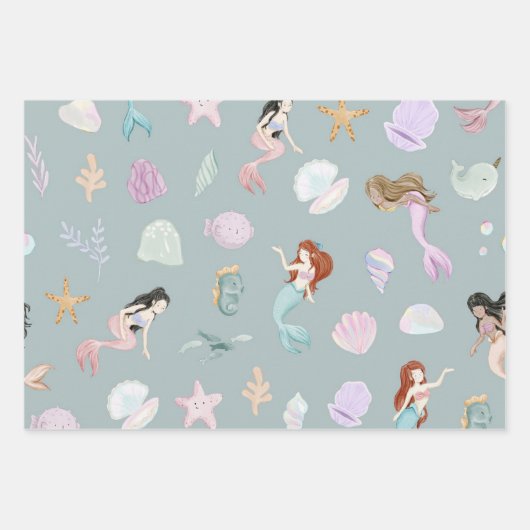 Whimsical Waterverf Zeemeerminnen Onder het Zee Inpakpapier Vel (Voorkant)