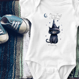 Whimsical Waterverf Zwarte Kat Blauwe Kerst Romper