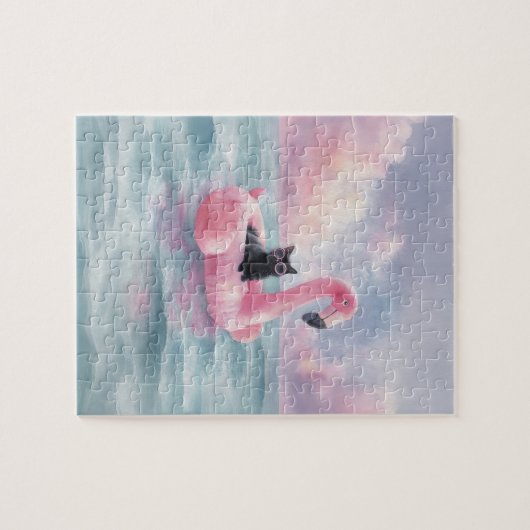 Whimsical Waterverf Zwarte Kat Flamingo Float Legpuzzel (Horizontaal)