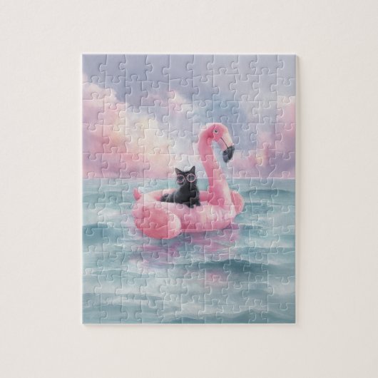 Whimsical Waterverf Zwarte Kat Flamingo Float Legpuzzel (Verticaal)