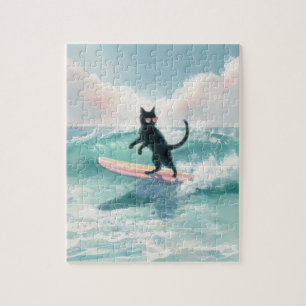 Whimsical Waterverf Zwarte Kat Surfen Puzzel