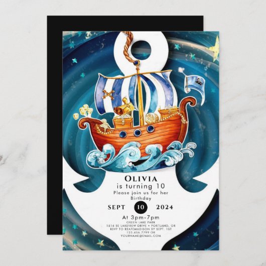 Whimsical Waves Ahoy Matey Pirate Verjaardag Kaart (Voorkant / Achterkant)