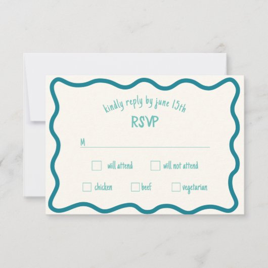 Whimsical Wavy Border Handgeschreven Blauwe RSVP-k RSVP Kaartje (Voorkant)