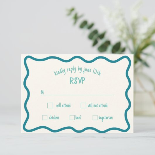 Whimsical Wavy Border Handgeschreven Blauwe RSVP-k RSVP Kaartje (Staand voorkant)