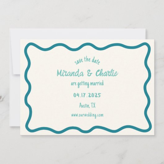 Whimsical Wavy Border Handgeschreven Retro Blauw Save The Date (Voorkant)