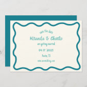 Whimsical Wavy Border Handgeschreven Retro Blauw Save The Date (Voorkant / Achterkant)