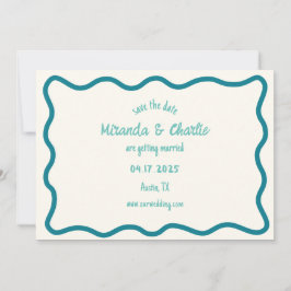 Whimsical Wavy Border Handgeschreven Retro Blauw Save The Date
