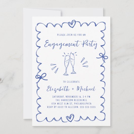 Whimsical Wavy Frame Blue Photo Engagement Party Kaart (Voorkant)