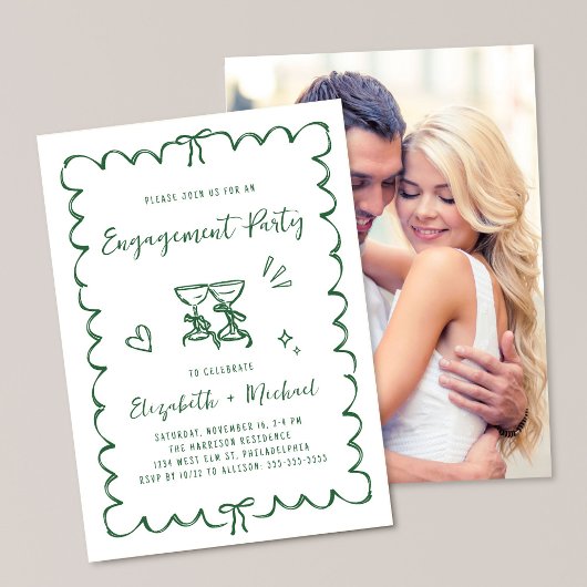 Whimsical Wavy Frame Photo Green Engagement Party Kaart