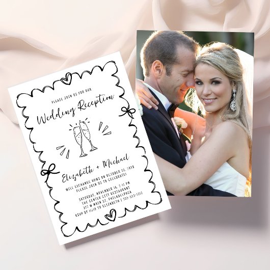 Whimsical Wavy Frame Photo Wedding Reception Kaart