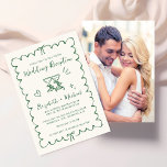 Whimsical Wavy Frame Photo Wedding Reception Save The Date<br><div class="desc">Romantic light cream wedding reception save the date featuring a green wavy frame adorned with coquette bows, whimsical hand drawn illustrations of a heart, stars and wine glasses, and "Wedding Reception" and the names of the bride and groom in a fun, playful green script. Your photo fills the back of...</div>