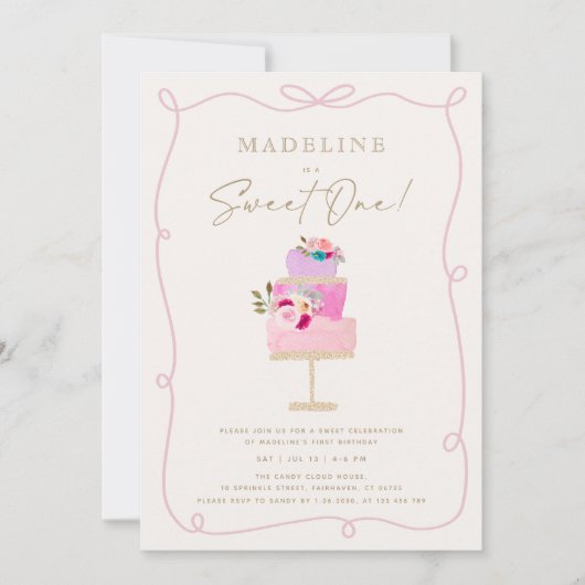 Whimsical Wavy Frame Pink Cake First Birthday  Kaart (Voorkant)