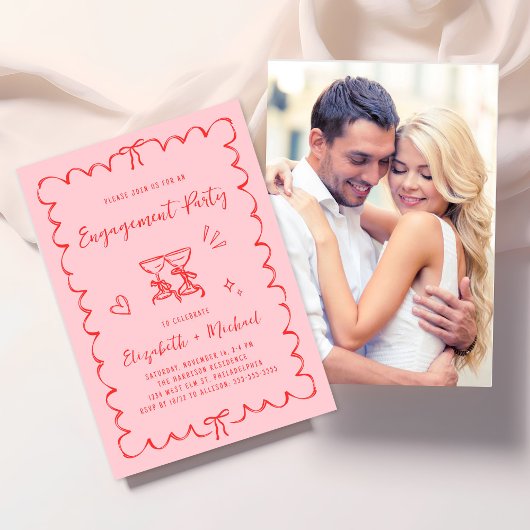 Whimsical Wavy Frame Pink Photo Engagement Party Kaart