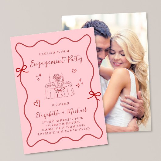 Whimsical Wavy Frame Pink Photo Engagement Party Kaart
