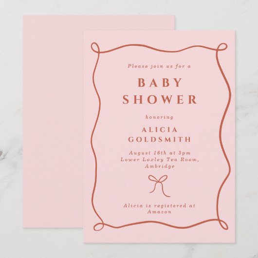 Whimsical Wavy Lijst & Bow Pink Baby shower Kaart (Voorkant / Achterkant)