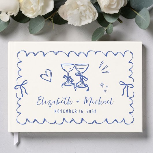 Whimsical Wavy Lijst Hand getekend Cream Blue Wedd Gastenboek