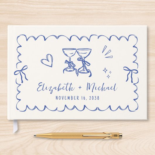 Whimsical Wavy Lijst Hand getekend Cream Blue Wedd Gastenboek