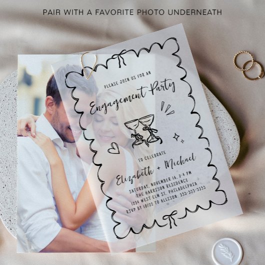 Whimsical Wavy Lijst Overlay Engagement Party Vellum Uitnodigingen