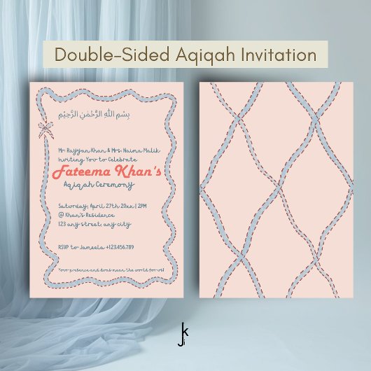Whimsical wavy of Blush Pink and Soft Blue Aqiqah Kaart
