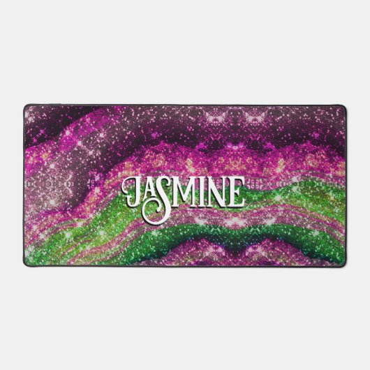 Whimsical wavy roze groene Glitter monogram Bureaumat (Voorkant)