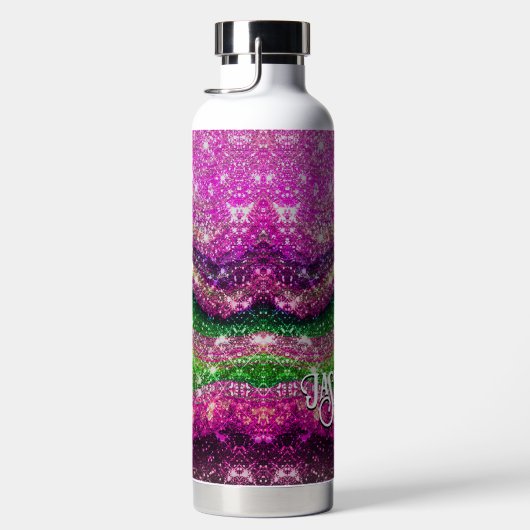 Whimsical wavy roze groene Glitter monogram Waterfles (Rechts)