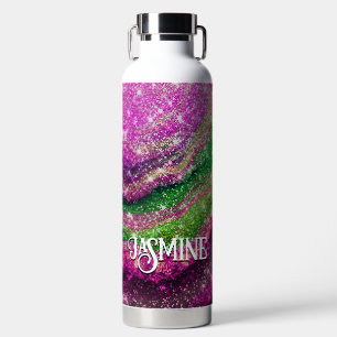 Whimsical wavy roze groene Glitter monogram Waterfles