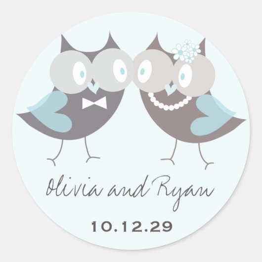 Whimsical Wedding Brown Blue Owls Favor Ronde Sticker (Voorkant)