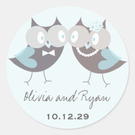 Whimsical Wedding Brown Blue Owls Favor Ronde Sticker
